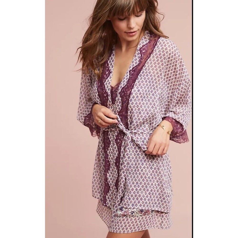 Anthropologie Floreat Chiffon Kimono Robe Romantic Lace Trim Size Medium